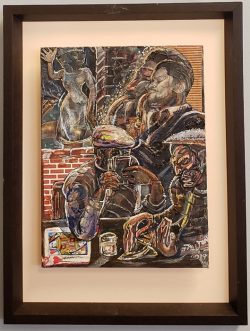 mixed media image of card players and saxophonist by Dalton Brown